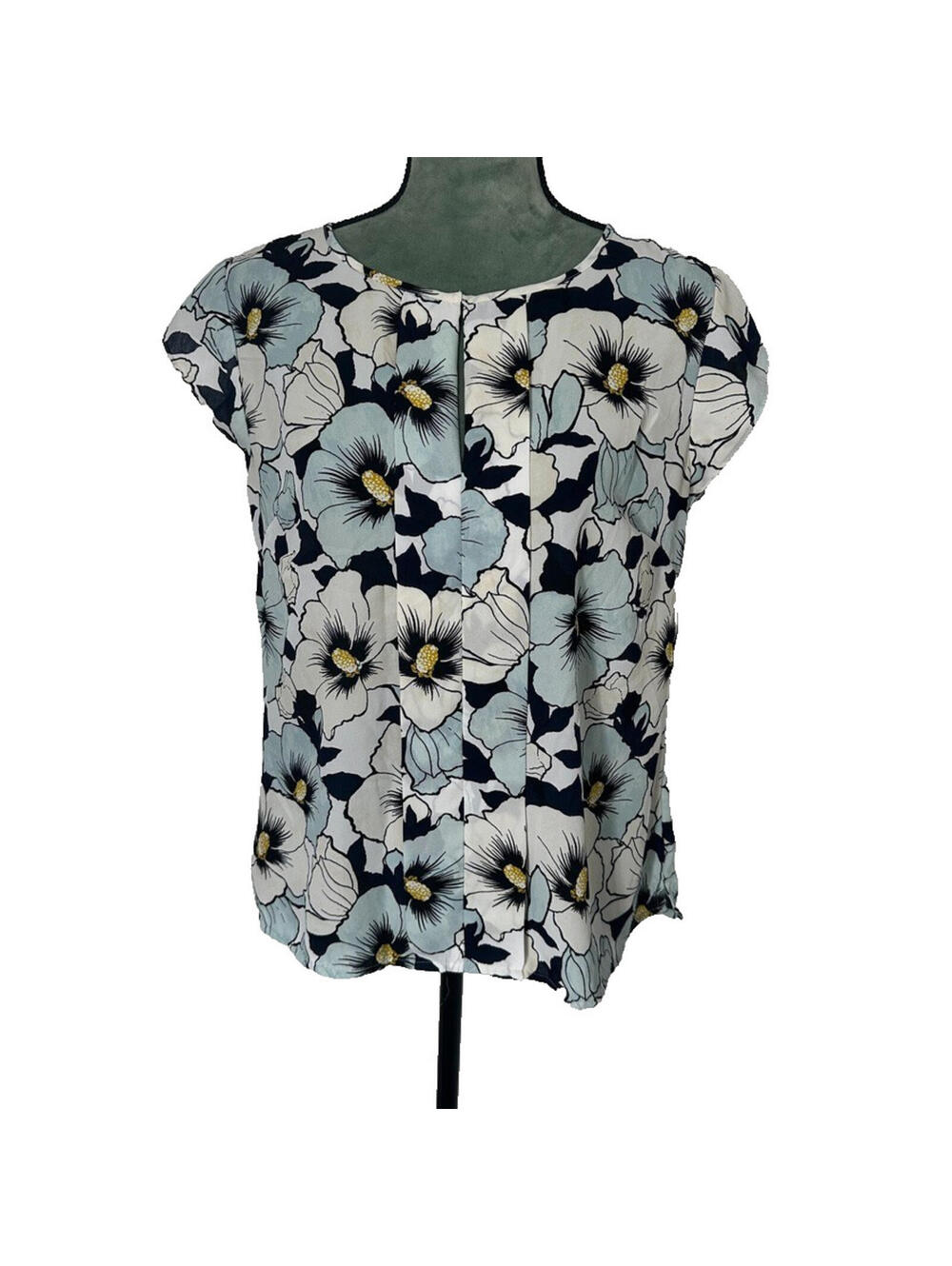Ann Taylor Factory Women’s Floral Blouse Top Blue White Short Sleeve Size Medium